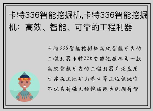 卡特336智能挖掘机,卡特336智能挖掘机：高效、智能、可靠的工程利器